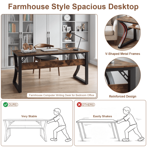 47-Inch Computer Desk with Storage, Sturdy U-Shaped Metal Frame Home Office Study Table, Rustic Brown