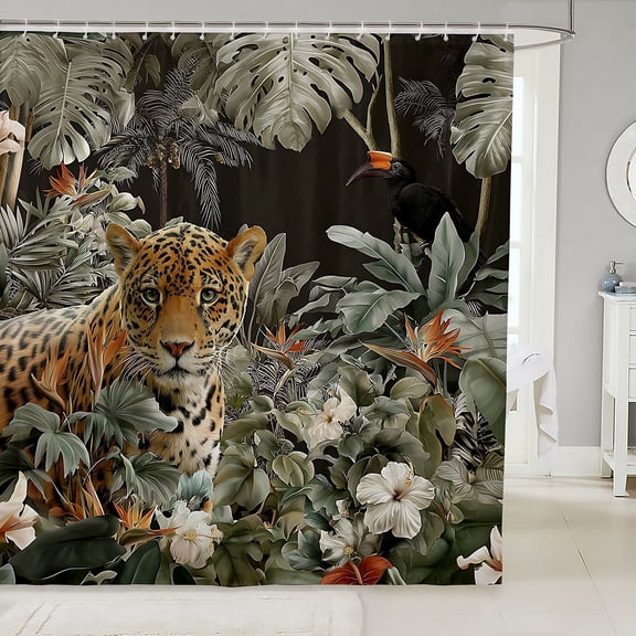 Manfei Boho Tiger Shower Curtain 72Wx72L, Western Floral Leaf Bathroom Curtain, Brown Green