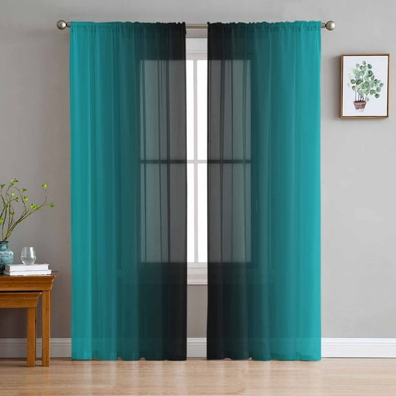 Teal Black Ombre Sheer Curtains 72 Inches Long 2 Panels Set, Window Sheer Curtains for Living Room/Bedroom, Gradient Contemporary Abstract Art Light Filtering Rod Pocket Curtain 52'' x 72'' x 2