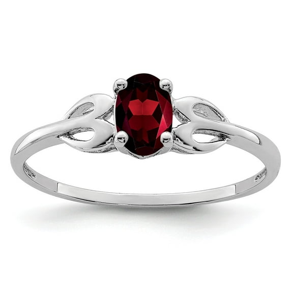 White Sterling Silver Ring Band Gemstone (01) January Garnet Oval Red