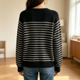 thumbnail image 4 of Women's Striped Henley Knit Sweater Long Sleeve Button Crew Neck Pullover Top, L, 4 of 4