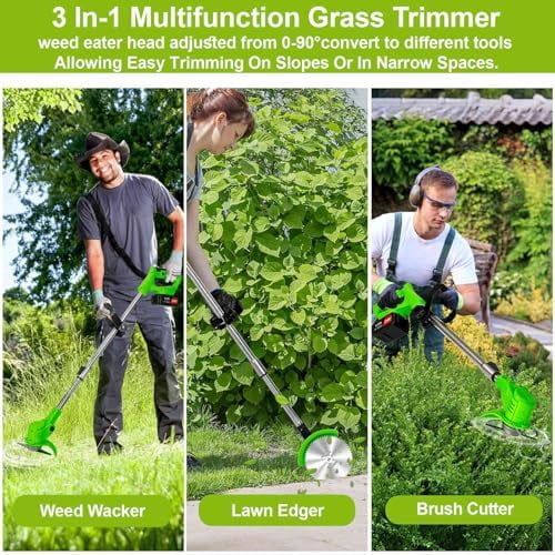 Weed Wacker Cordless,24v Electric Weed Eater Battery Powered,3 in 1 Lightweight Grass Trimmer with 2 4.0 Ah Batteries & Charger,Height Adjustable Wheeled Brush Cutte for Lawn Care,Garden,Yard (Green)