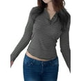 thumbnail image 2 of Liacowi Women's Crop Tops Spring Autumn Slim Fitted Tops Long Sleeve Button Up Striped T-shirt for Teenager Girl, 2 of 9