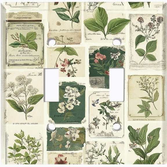 Metal Light Switch Wall Plate Outlet Cover (Printed Image of Botanical Stamps - Double Toggle)