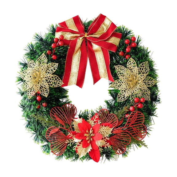 Cheapark 15.7in Christmas Wreath Decor - Red Gold Bow & Flower Accents, Festive Door Window Wall Hanging for Holiday Home Party