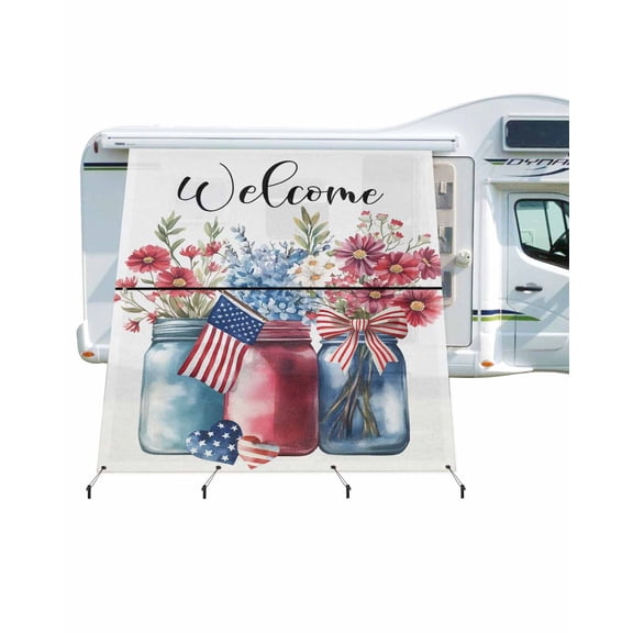 4th of July RV Awning Sun Shade Screen 9'X7' Welcome Floral Vase Mesh Sunscreen American Flag Awning Shade Screen with Zipper UV Blocker Completed Kits Outdoor Canopy for RV Motorhome Camper Travel