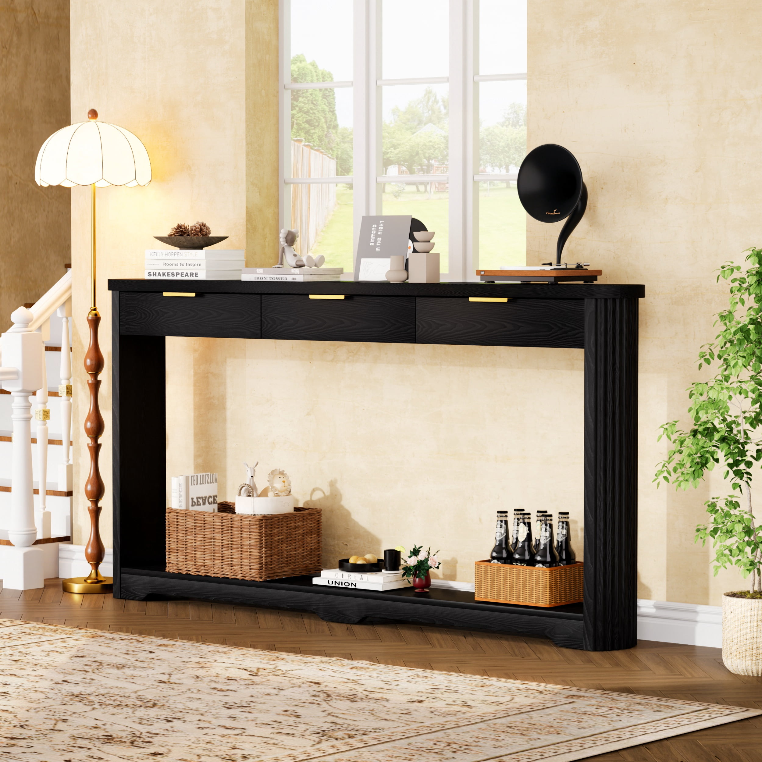 Leumius 70.1" Console Table with Drawers,Slim Wooden Side Table Storage Table for Entryways,Hallways,Doorways,Black