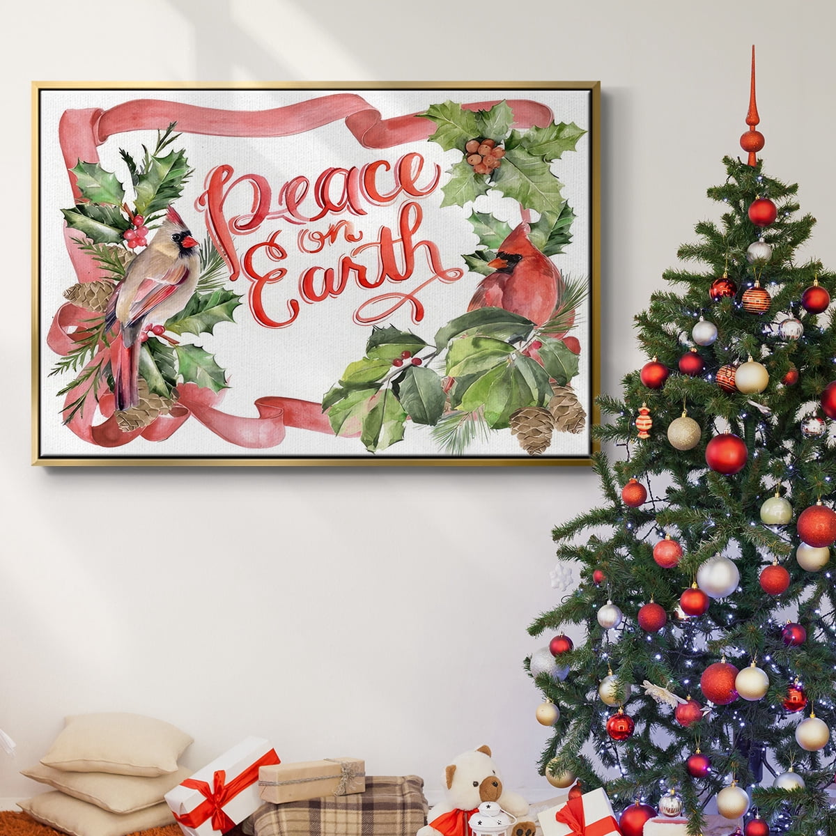 Cardinal Holly Christmas Collection A - Framed Gallery Wrapped Holiday Canvas - 17 x 25 - Gold Frame