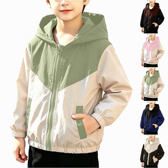 SGFCWSX Boys Windbreaker Hooded Lightweight Jacket Color Block Zip Up Windproof Outdoor Coat Green Size 6