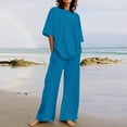 thumbnail image 2 of Beach Outfits for Women 2025 Vacation Linen Sets 2 Piece Summer Outfits Solid Color Casual Short Sleeve T Shirts and Straight Leg Pants Pockets Vacation Outfit Matching Set Blue XXL, 2 of 5