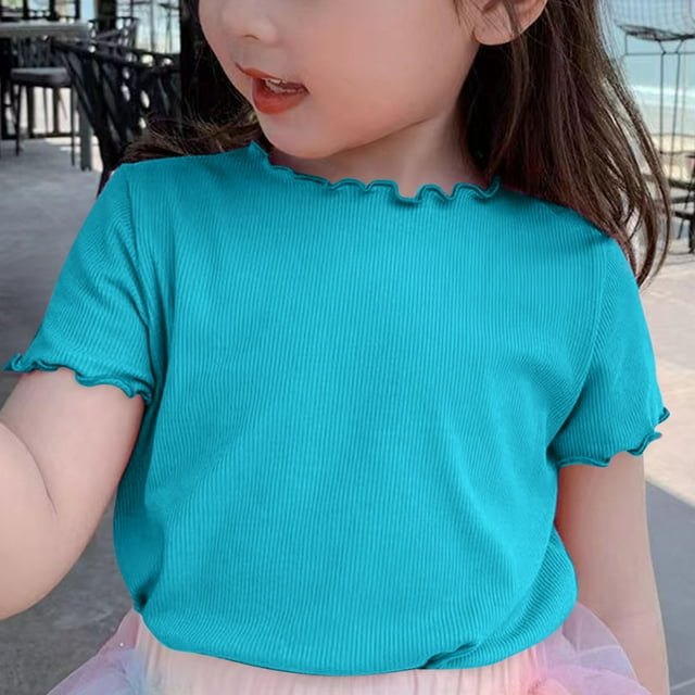 AherBiu T-Shirts Filles Manches Courtes à Volants Hauts en Coton Doux Col Rond Décontracté Couleur Unie 1-9 Ans