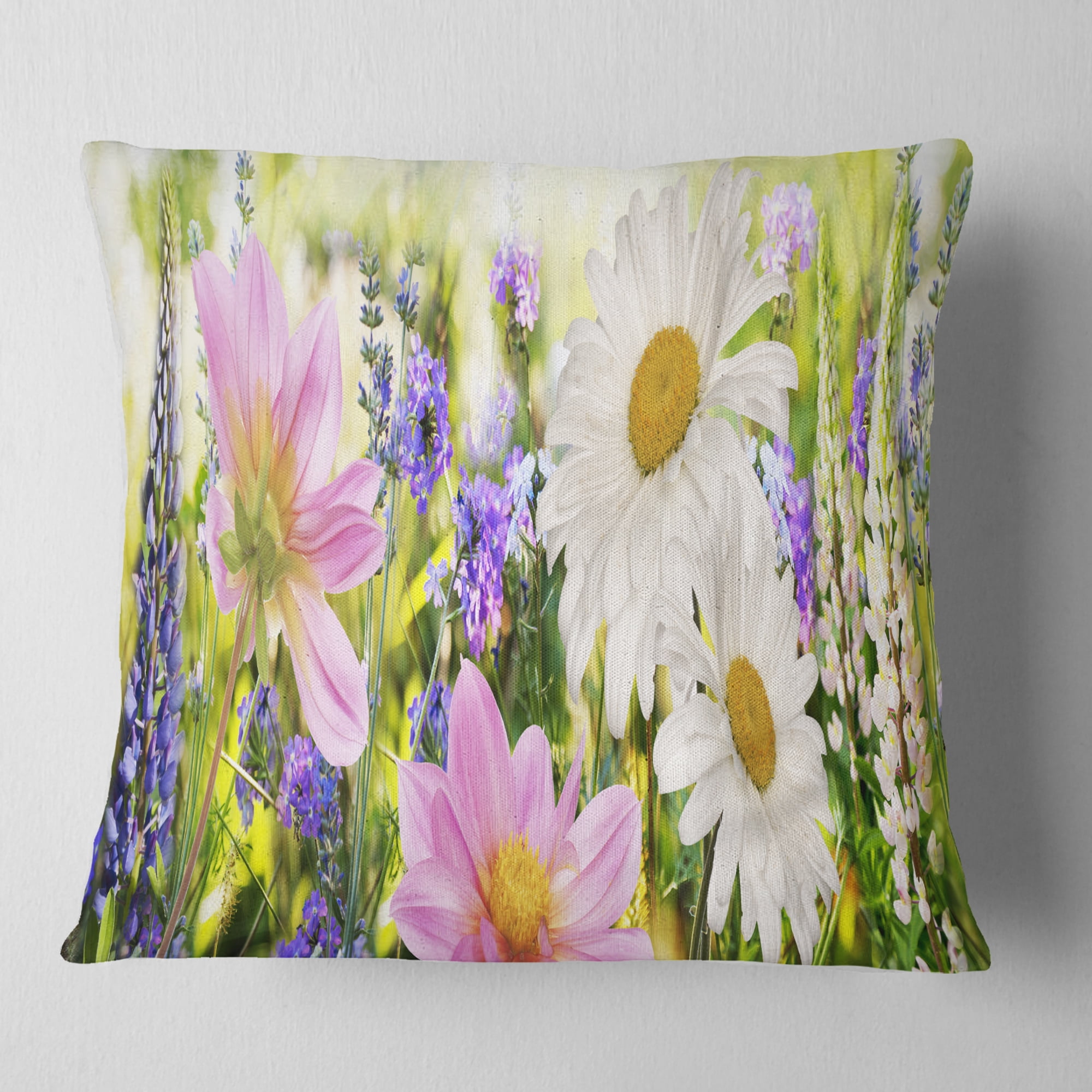 Designart Wild Flowers Field at Sunset - Floral Throw Pillow - 18x18