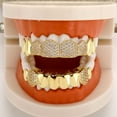 thumbnail image 2 of Copper Zirconia Vampire Fang Grillz Set, Gold & Silver Tone Iced Teeth Caps with Dense Stone Arrangement, Hip Hop Party Dental Jewelry for Men & Women, 2 of 9