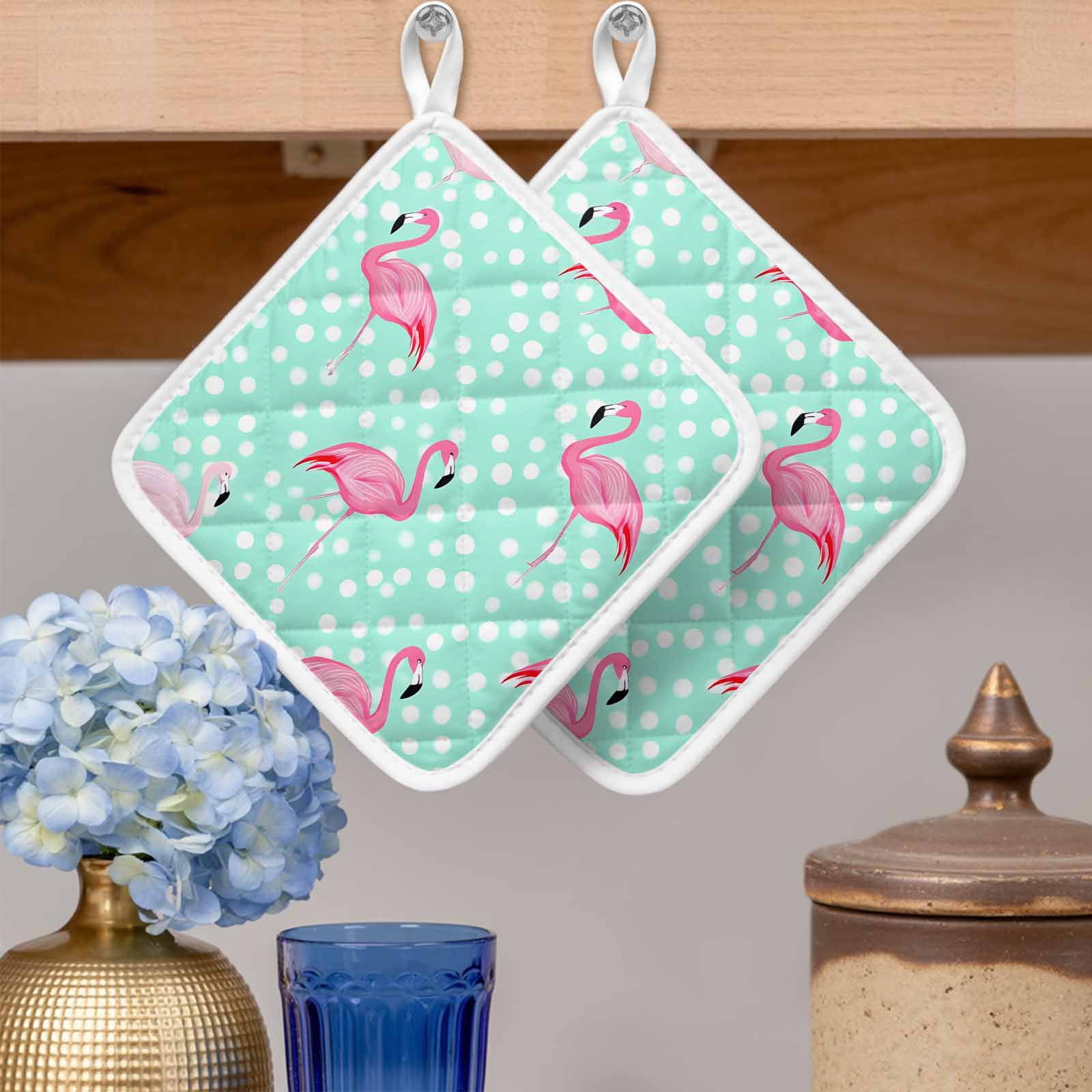 Green Flamingo Pot Holders for Kitchen Heatproof Potholder, 3 Pack Polka Dot Modern Art Hot Pads Multipurpose Oven Pads Cloth Potholders Trivet for Cooking Baking
