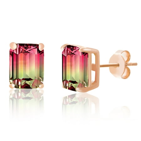Engagement Simulated Earring - Inspired by You Emerald Cut Prong Set Simulated Watermelon Tourmaline and Round Cubic Zirconia Stud Bridal Earring for Women in Rose Gold Plated 925 Sterling Silver