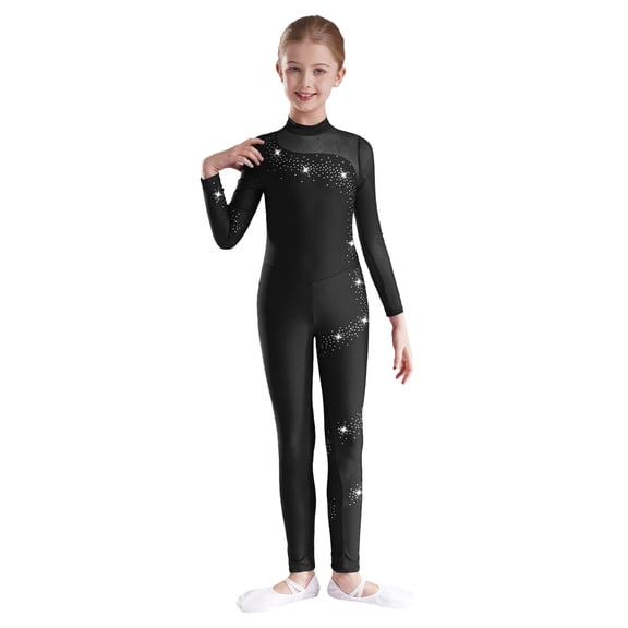 CHICTRY Girls Shiny Rhinestone Full Body Length Unitard One Sleeve Gymnastics Dance Ice Skating Jumpsuits Black 6