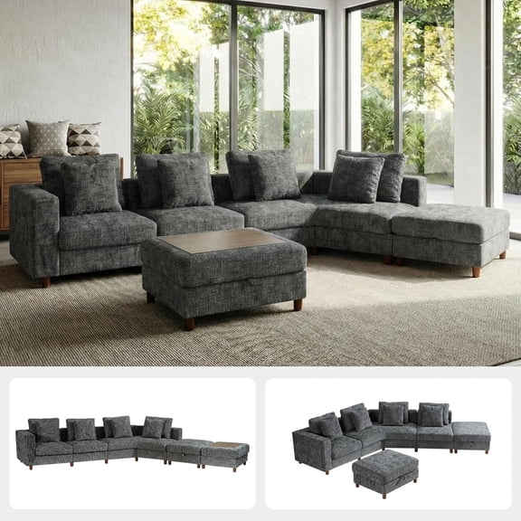 LLappuil 147" Modular Sectional Sofa, Sectional Couch with 2 Movable Coffee Table Ottoman, Oversized 6 Seat Chenille Sofa Couch for Living Room Dark Gray