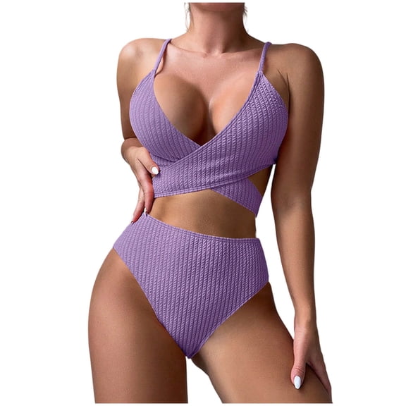 UTSJKR Women's Solid Color Loose Fit Two Piece Bikini, Wire Free Casual Bathing Suit, Summer Pool Side Basic Swimwear Purple XL