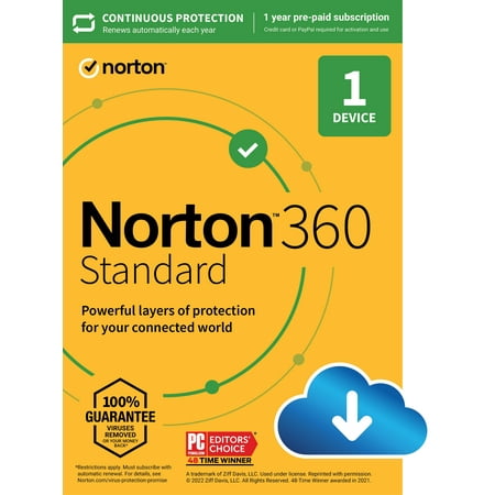 Norton 360 Standard, Antivirus Software for 1 Device, 1 Year Subscription, PC/Mac/iOS/Android [Digital Download]