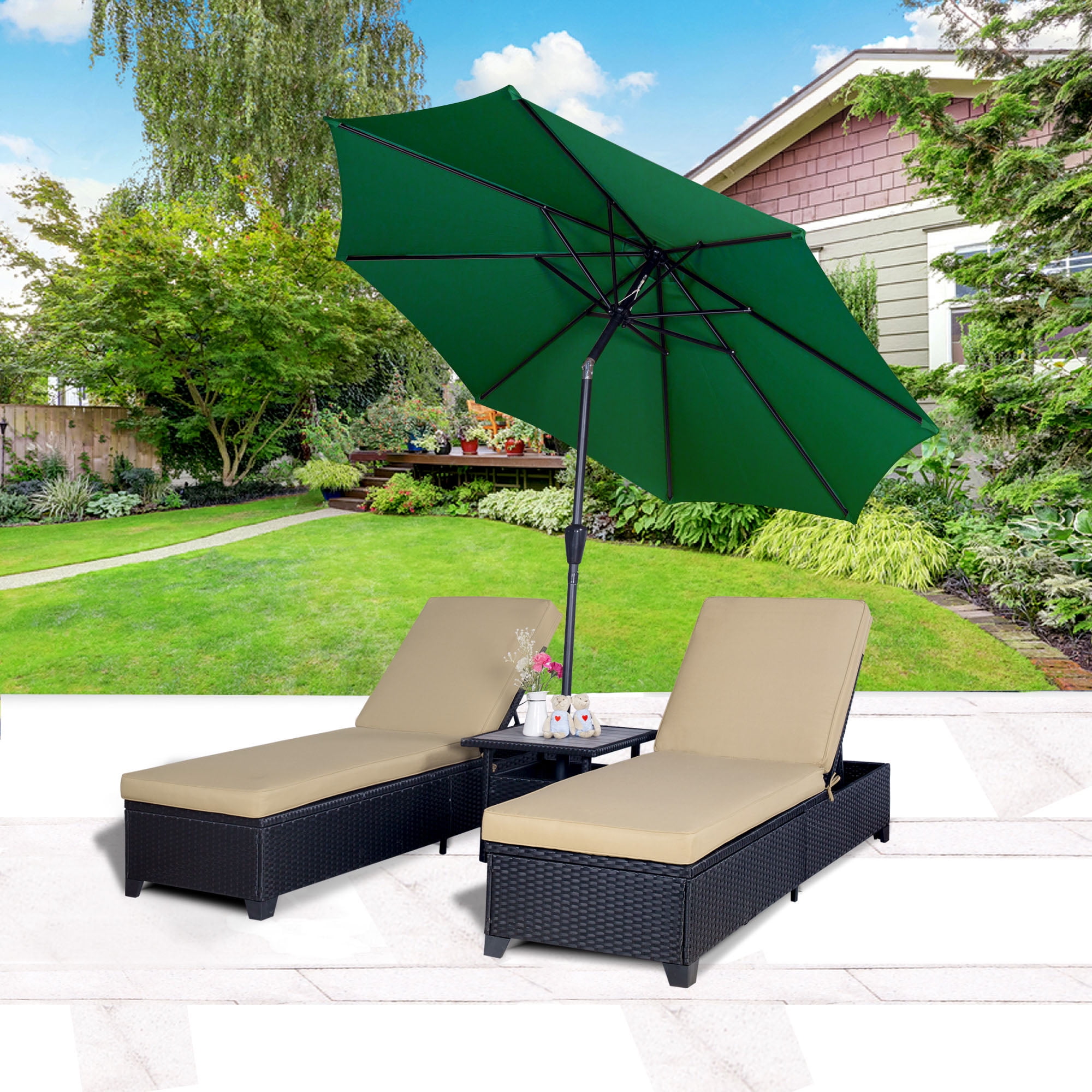 Cloud Mountain 4PC Outdoor Rattan Chaise Lounge Chair with 9' Umbrella