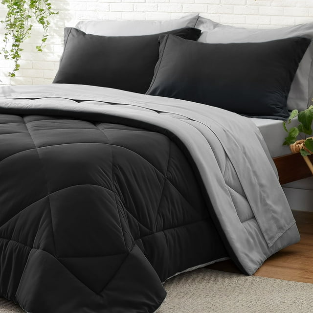 Bedelite California King Size Juego De Edredón De 7 Piezas De Cama En Una Bolsa – Juego De Cama Reversible De Microfibra Suave Cal King Black Con Edredones, Sábanas, Fundas De Almohada Y Fundas De Alm