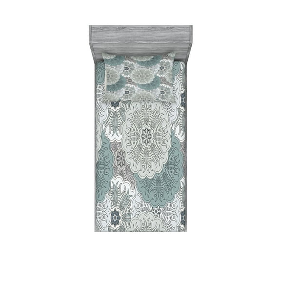 Ambesonne Ethnic Fitted Sheet & Pillow Sham Set, Oriental Style, Twinxl, Blue