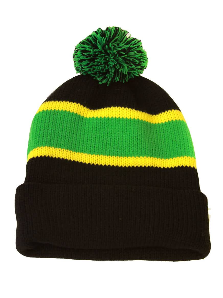 Winter Striped Beanie with Pom - Green 