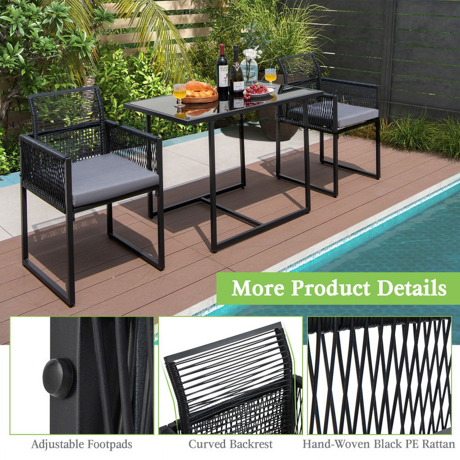 Aimee Lii 3 Pieces Outdoor Dining Set with Folding Backrest and Seat Cushions, Outdoor Patio Furniture, Black Aimee Lii 3 Pieces Outdoor Dining Set with Folding Backrest and Seat Cushions, Outdoor Patio Furniture, Black