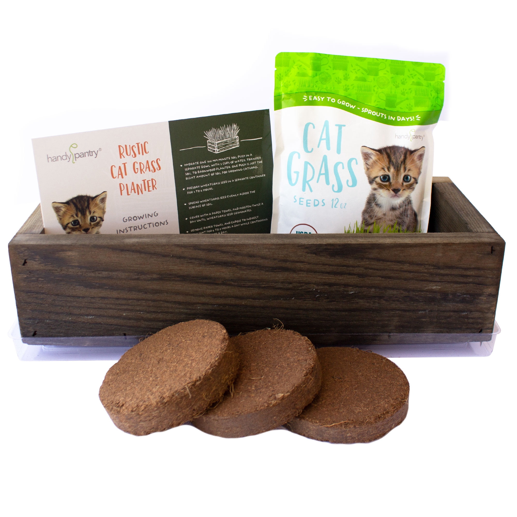 Organic Cat Grass Seeds Kit - Decorative Reclaimed Barnwood Style Organic Wheatgrass Seeds Planter - Rich Brown - Hairball Remedy for Cats, Healthy Pet Grass Supplement & Wheatgrass Growing Kit
