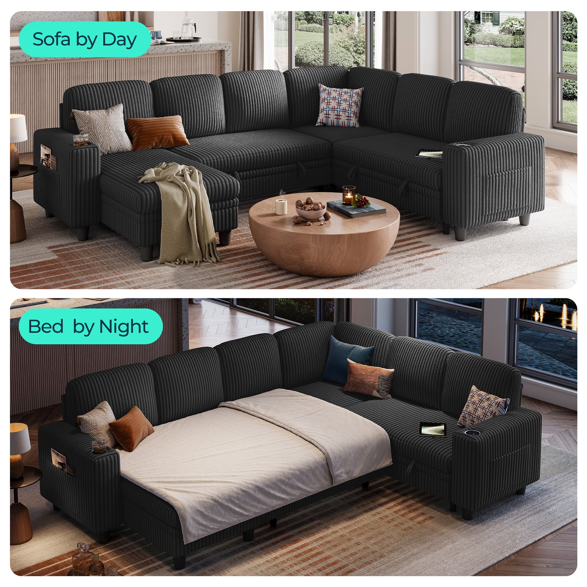 LINSY HOME 6 Seaters Sectional Sleeper Sofa with Pull Out Bed, Modular Sectional Sofa with with USB & Cup Holder for Living Room, Black