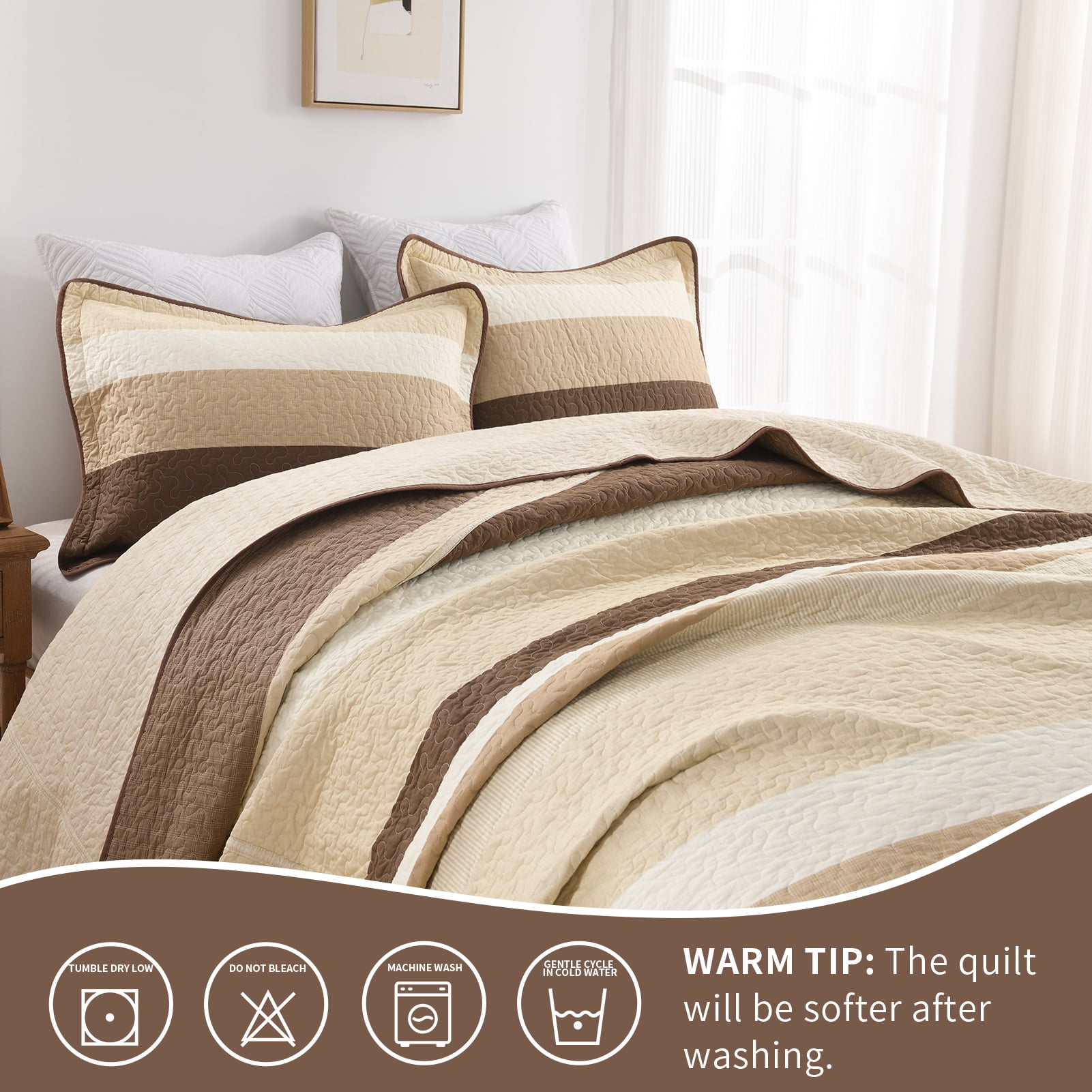 Bedduvit Striped Queen Size Quilts - 100% Organic Cotton Quilt Queen, Brown Black Beige Farmhouse Lightweight Bedspread Set for Queen Bed, Modern Neutral All-Season 3-Piece Comforter Set, 98"x90"