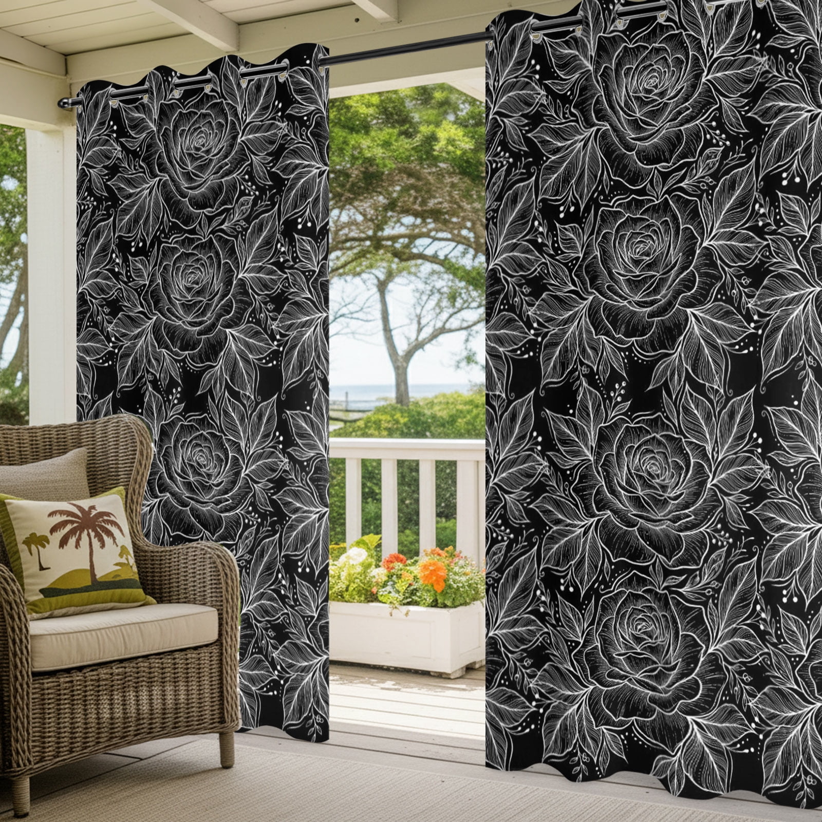 Rose Blooms Outdoor Curtains for Patio, Black Floral Elegant Sunshade Privacy Drapes Grommet Waterproof Outside Curtains for Porch/Cabana/Balcony 54"x 108", 1 Panel