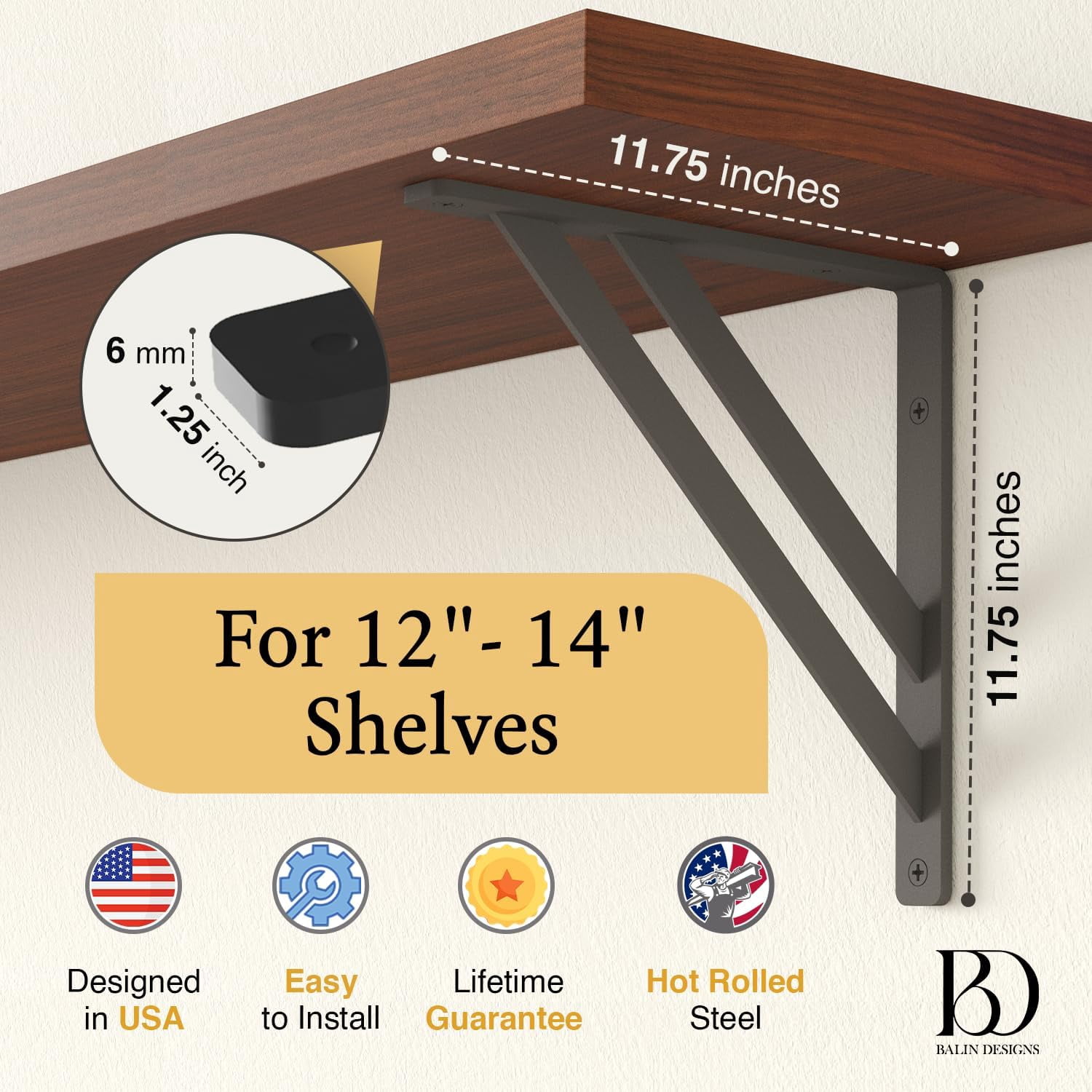 L Brackets by Balin Designs (Black) for 12"-14” Beam Style Shelves – Heavy Duty Decorative Metal Supports - Mantel Shelf - Easy Installation with Included Hardware - Set of 2