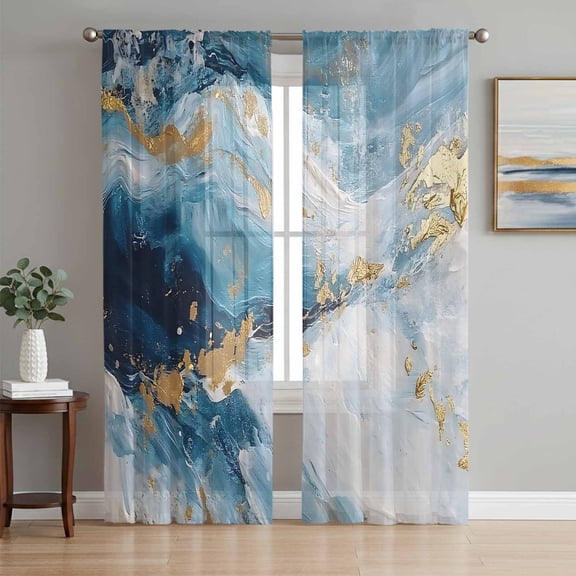 Sheer Curtains 96 Inches Long, Blue Oil Painting Light Filtering Window Curtains for Living Room/Bedroom, Modern Marble Art Abstract Rod Pocket Voile Sheer Curtain Drapes, 52"W x 96"L, 2 Panels