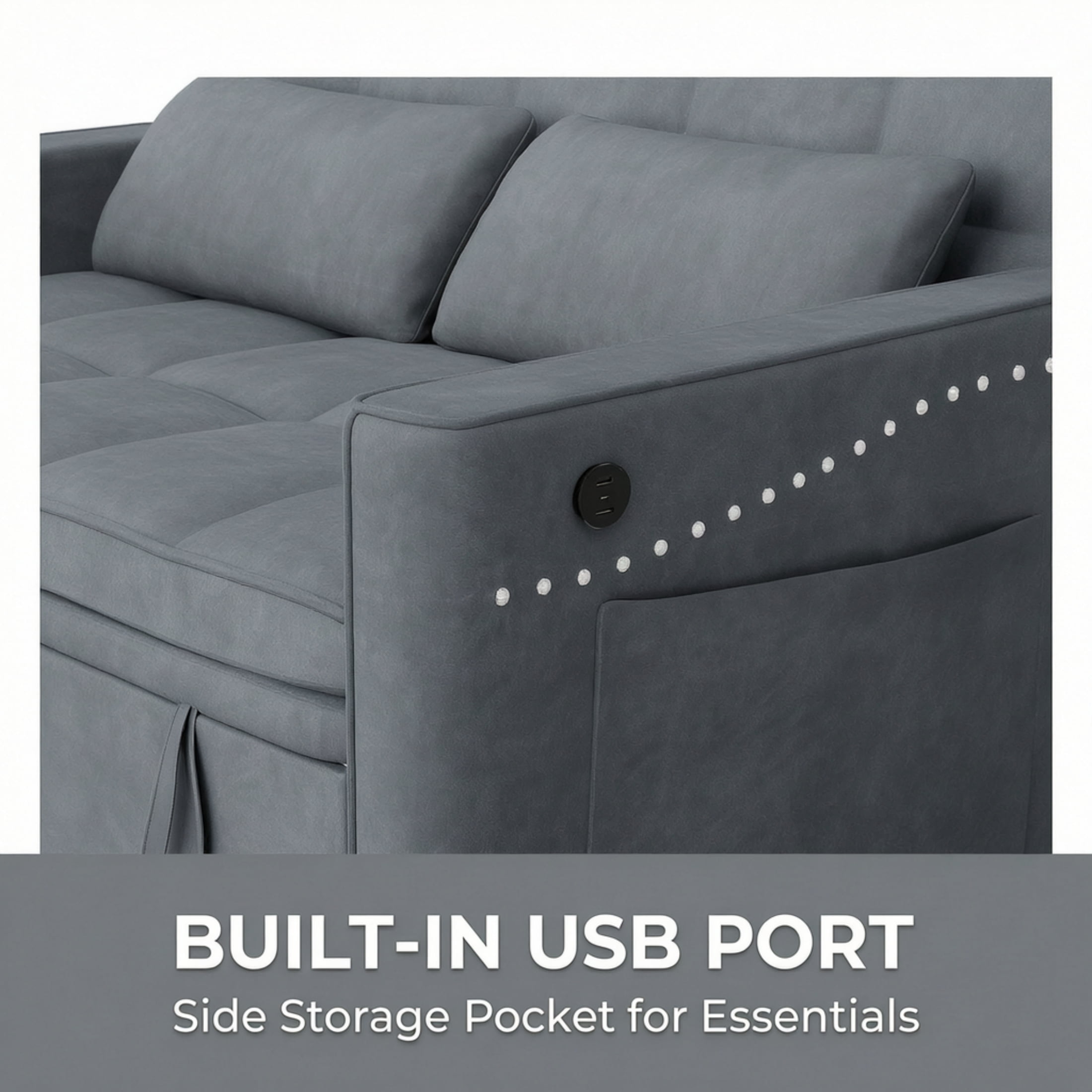 Vinform 3-in-1 Convertible Sleeper Sofa Bed, Loveseat for Small Spaces with Nailhead Trim, USB Ports, Gray