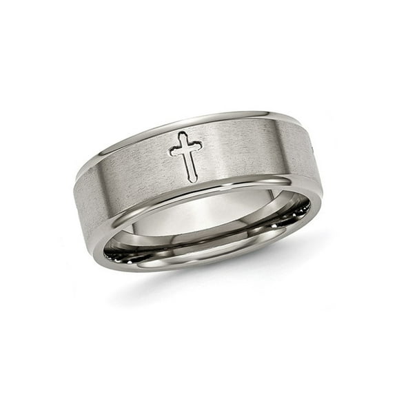 Mens Chisel 8mm Ridged Cross Titanium Wedding Band
