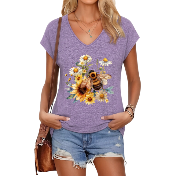UNISHE Womens Purple Watercolor Bee Daisy Print V Neck Short Sleeve T-Shirt Fresh Floral Casual S-5XL Tops