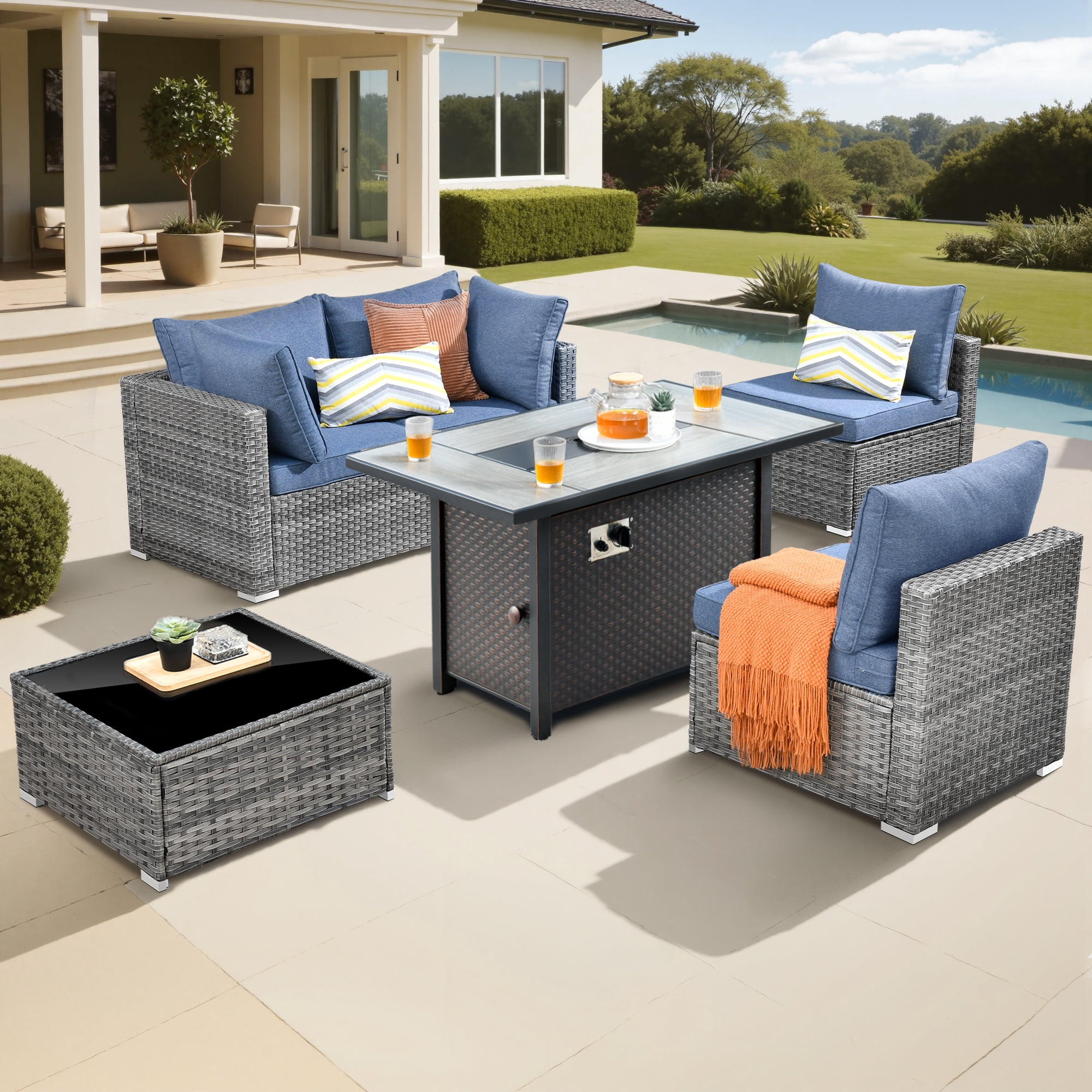 Vcatnet 6 Pieces Outdoor Patio Furniture with Fire Pit, Wicker Outdoor Conversation Set, Outdoor Sectional with Coffee Table, Denim Blue