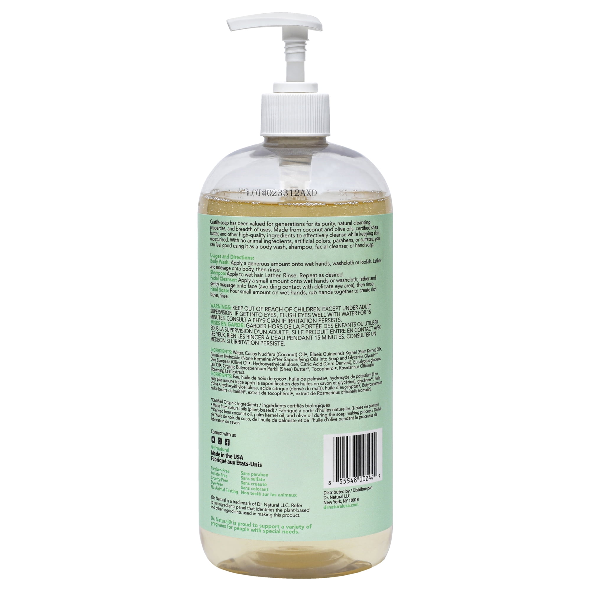Dr. Natural Pure Castile Liquid Soap, Eucalyptus, 32 oz. with Pump