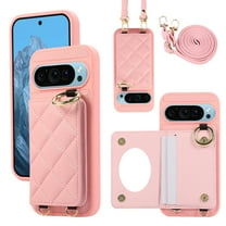 TECH CIRCLE for Google Pixel 9 Pro/Pixel 9 Case, Quilted PU Leather Magnetic Clasp Shockproof Cover Card Holder Shoulder Strap Mirror Ring Stand Flip Wallet Case for Google Pixel 9 Pro/Pixel 9,Pink