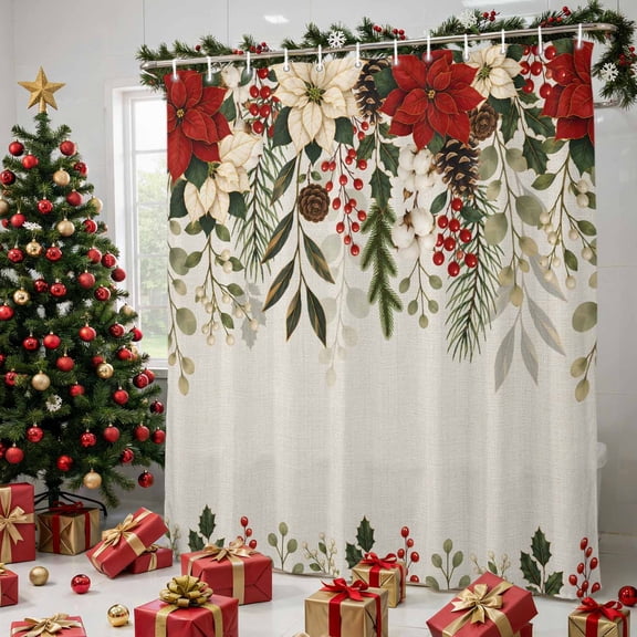 Christmas Red Poinsettia Shower Curtains for Bathroom, Winter Xmas Flowers Pines Cone Waterproof Fabric Shower Curtain, Decorative Bathroom Curtain for Bathtub, 72"x72", No Hooks Included