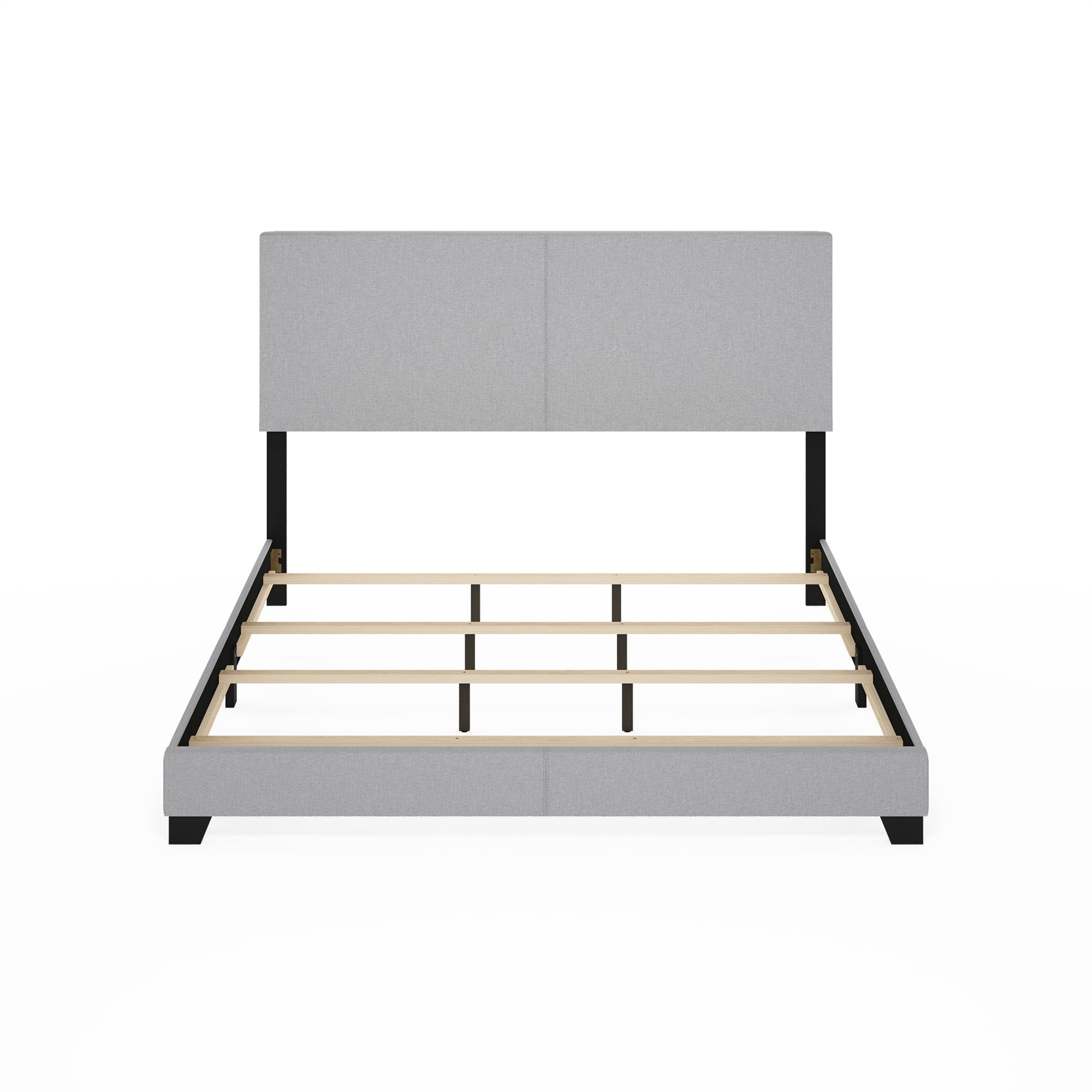 Furinno PESSAC California King Upholstered Bed Frame with Fabric Headboard and Wooden Slat Support, Light Grey