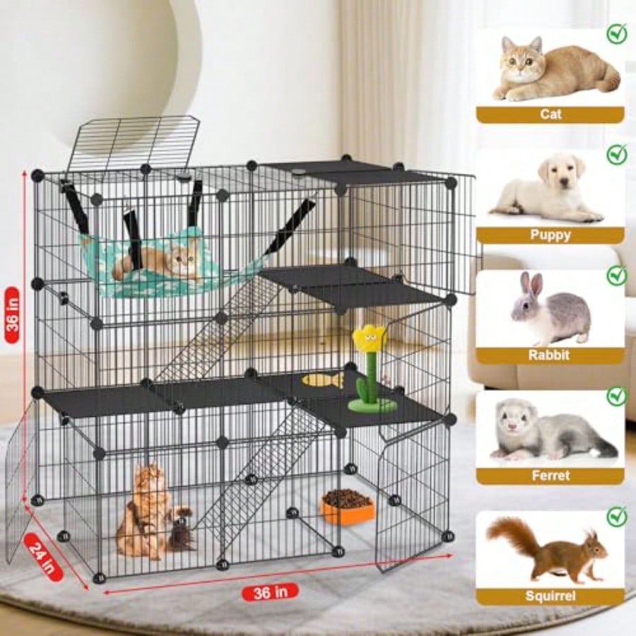 Cat Cage 3Tier DIY Cat Enclosures Catio Cat Playpen Indoor Outdoor With Hammock Detachable Metal Wire Kennel Cats Crate 2x3x3 Exercise Place For 13 Cats Kitten