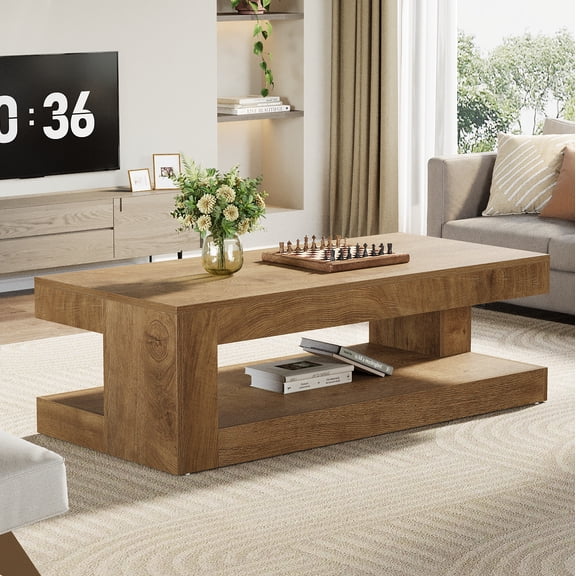 Finmind Modern 2-Tier Coffee Table, 47.24 Inch Rectangular Accent Center Tea Table with Storage for Living Room, Home, Wood Brown