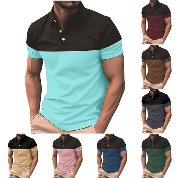 Goodtrade8 Short Sleeve Shirts for Men Collar Polo Pullover Patchwork Casual Summer Classic V-Neck Mens T-Shirts Outdoor