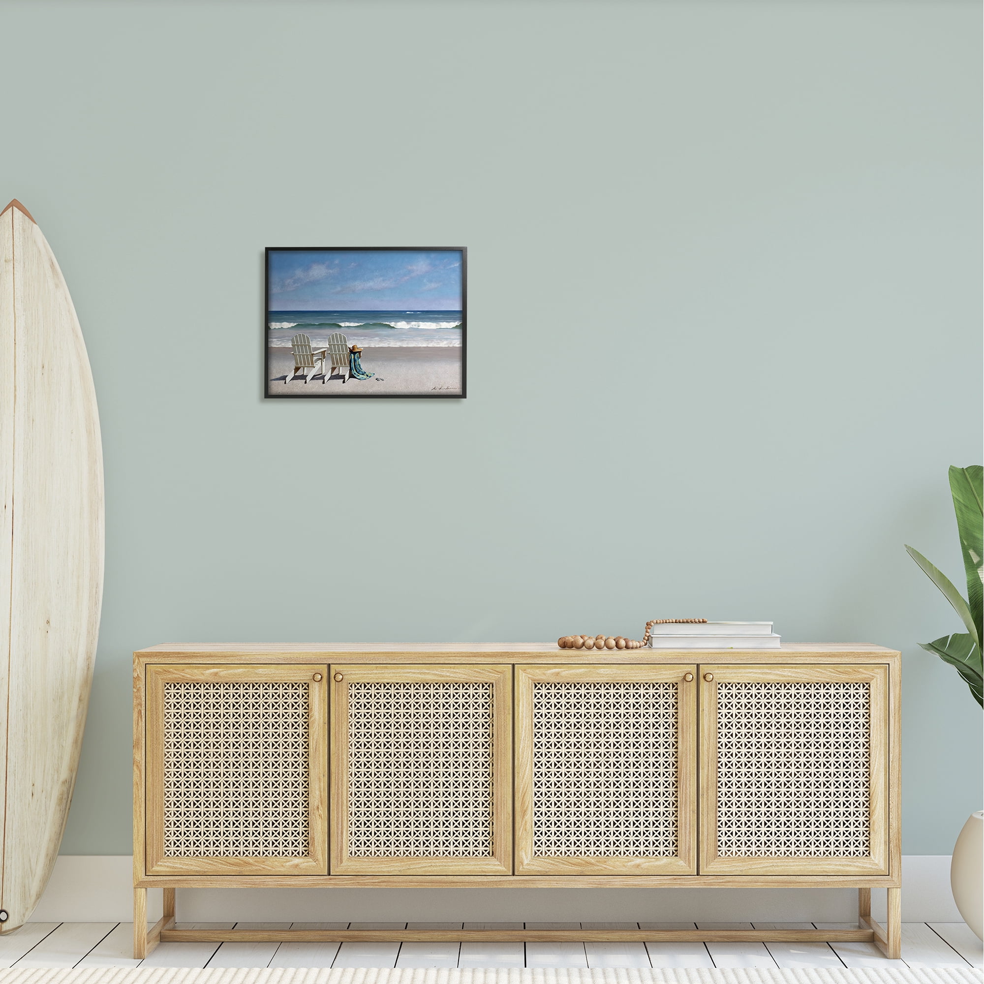 The Stupell Home Decor Two White Adirondack Chairs on the Beach Framed Texturized Art