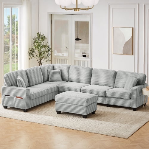 Villeston 125.2" U-shaped Sectional Sofa with a Movable Ottoman and Side Storage Pockets for Living Room, Gray