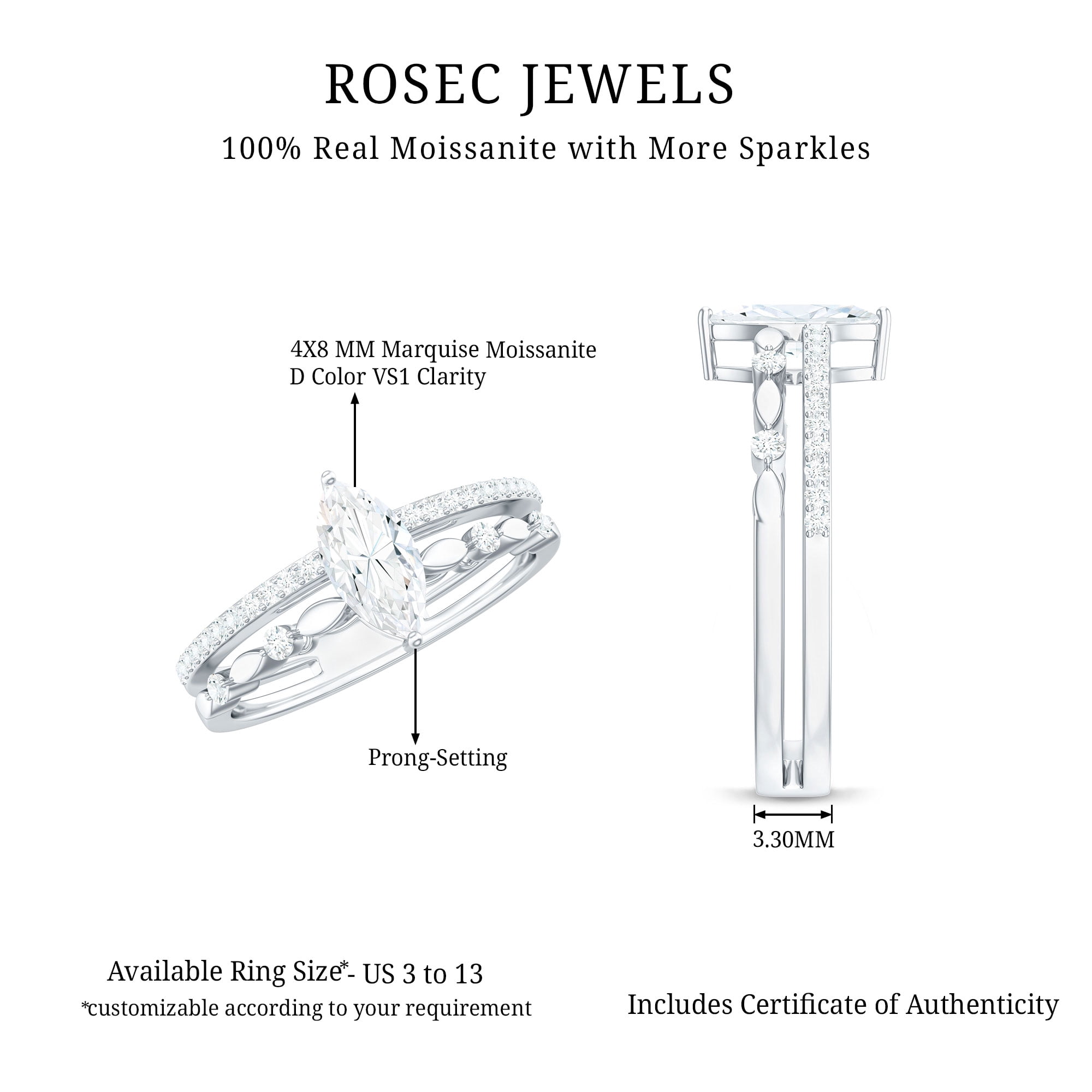 Rosec Jewels Certified Moissanite Marquise Engagement Ring for Women - 4X8 mm - Double Band Ring - D-VS1 Grade, 14K White Gold, US 8.50
