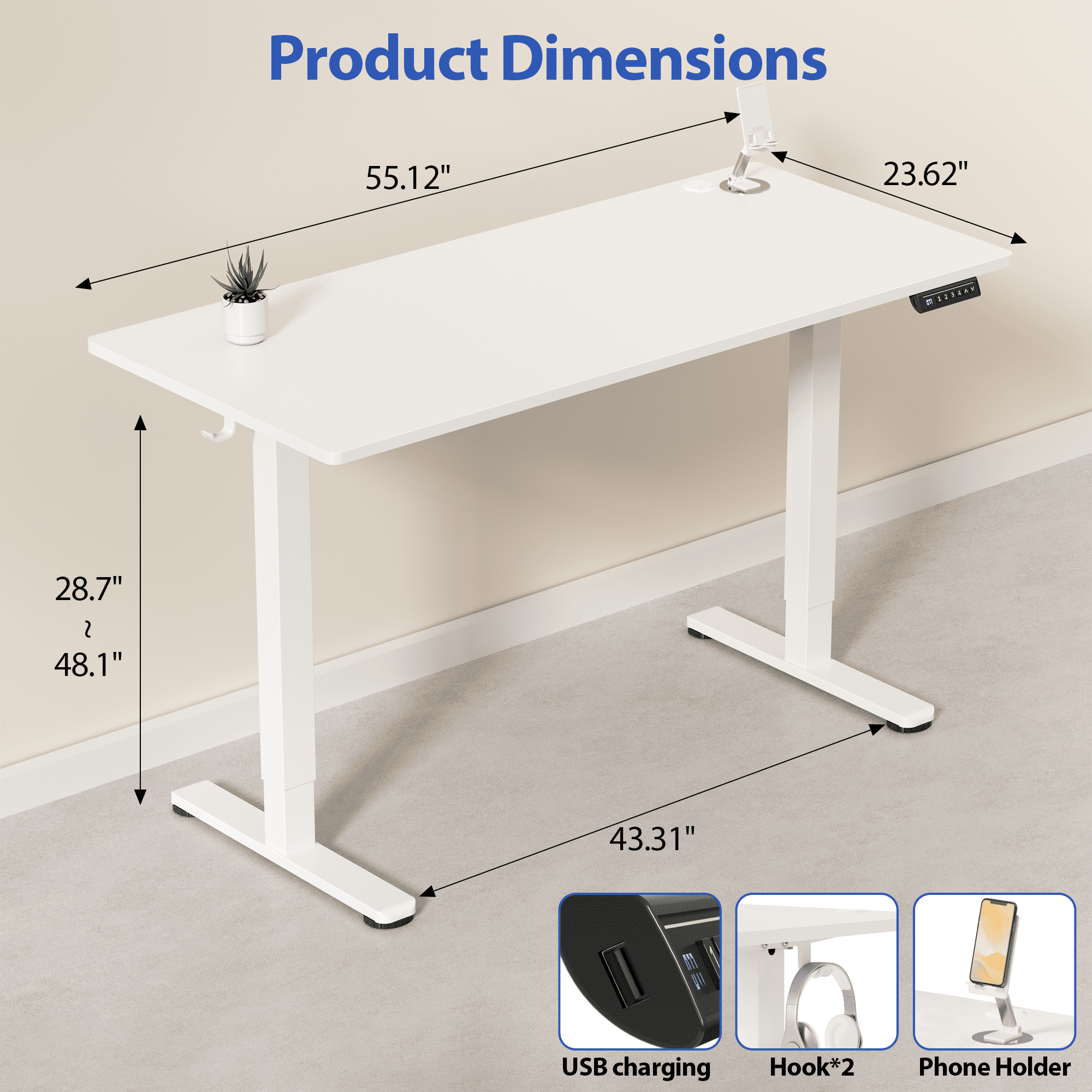Lacoo 55" x 24" Sit to Stand Desk Height Adjustable Standing Desk Electric Stand up Table with Phone Stand, White