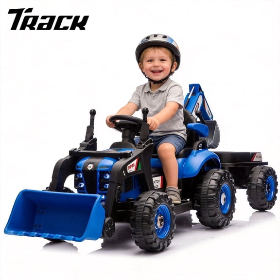 Track Seven 24V Ride on Excavator, 4-in-1 Construction Excavator, Dump Truck & Bulldozer, Ride on Tractor Electric Car with Remote Control, Swivel Seat, Music, Ride on Toy Car for Kids Aged 3 , Blue